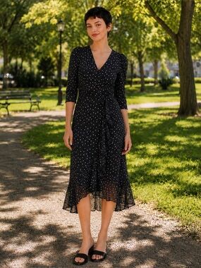 Karl Lagerfeld Paris Polka Dot Faux Wrap Midi Dress Black White M